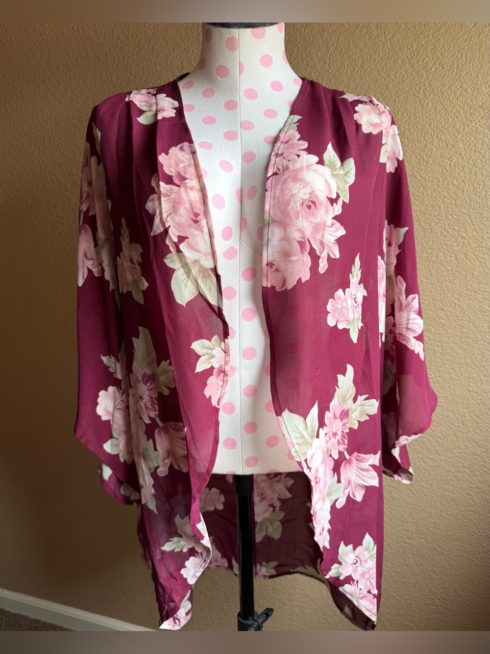 Miss Chievous Burgundy and Pink Floral Kimono Robe